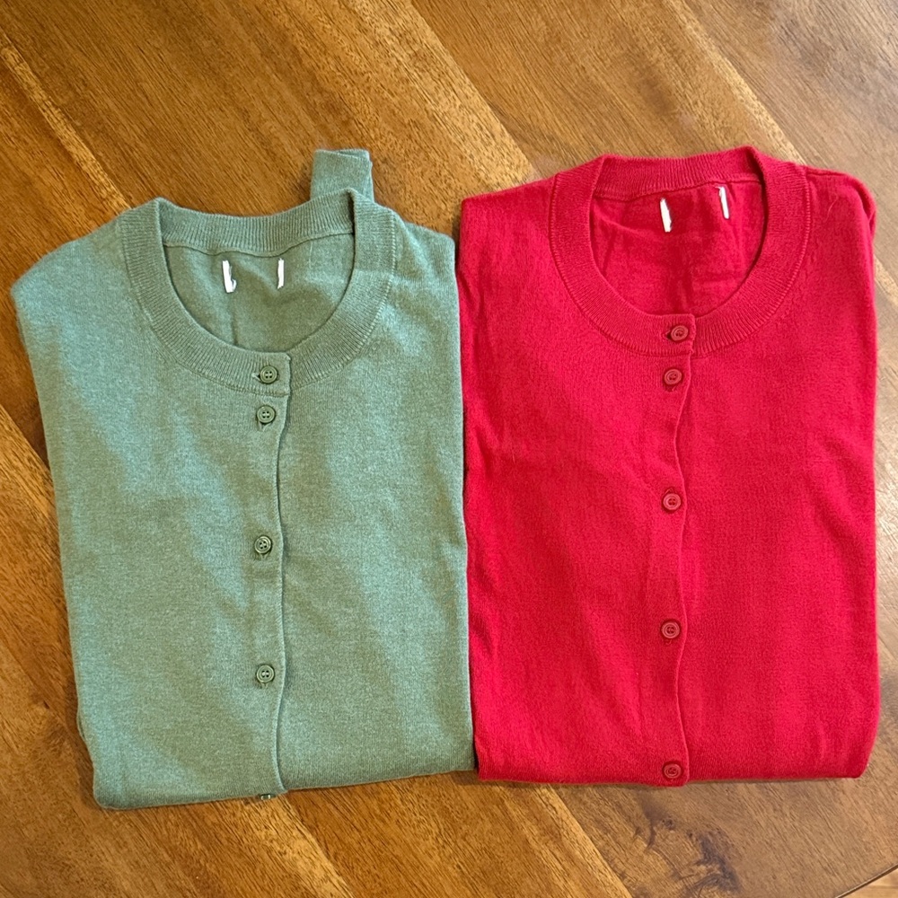 J Crew Factory women’s classic cotton cardigans, size L - $20 for both!